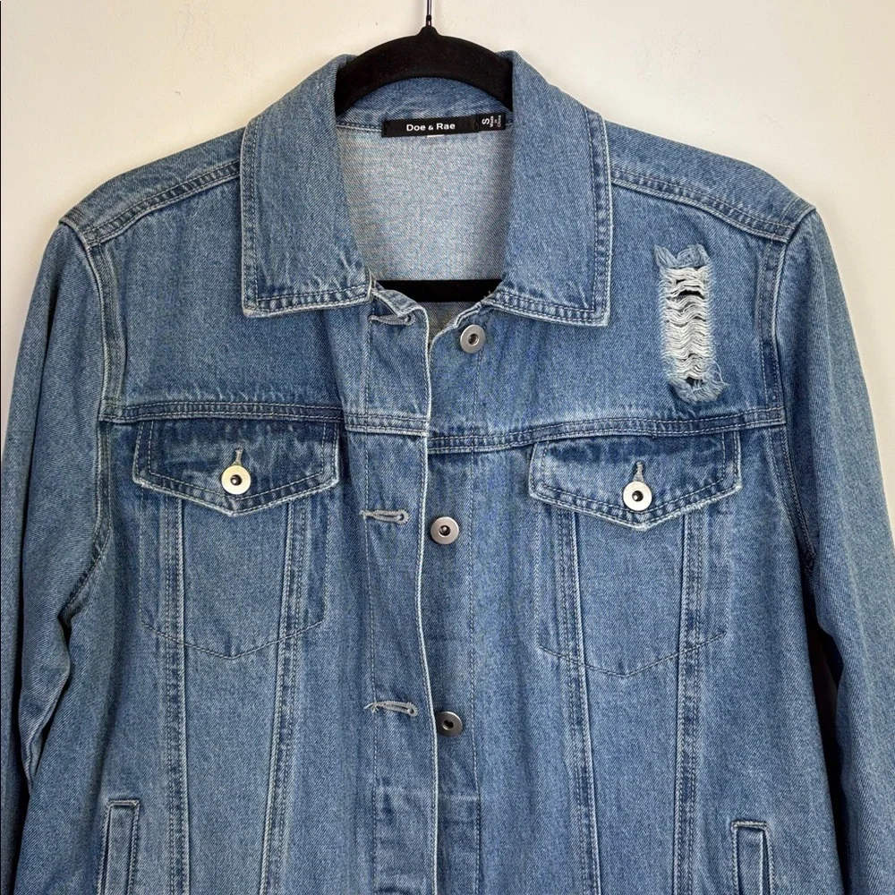 Doe & Rae Blue Distressed Denim Jacket With Stripes Size Small